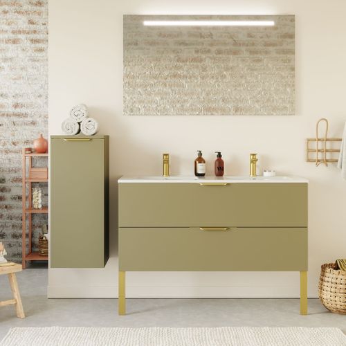 Ensemble Salle De Bain Double Vasque 120cm 2 Tiroirs Vert + Miroir + Colonne Gauche - Venice