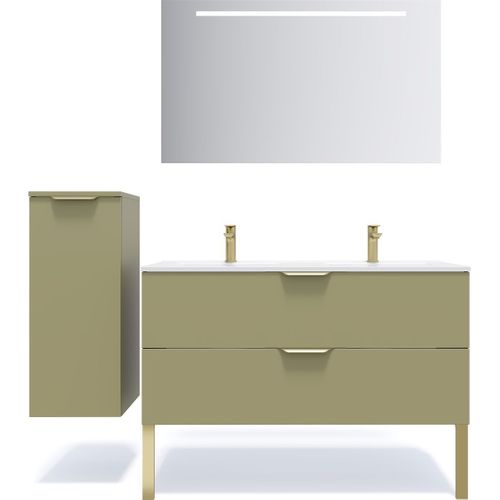 Ensemble Salle De Bain Double Vasque 120cm 2 Tiroirs Vert + Miroir + Colonne Gauche - Venice