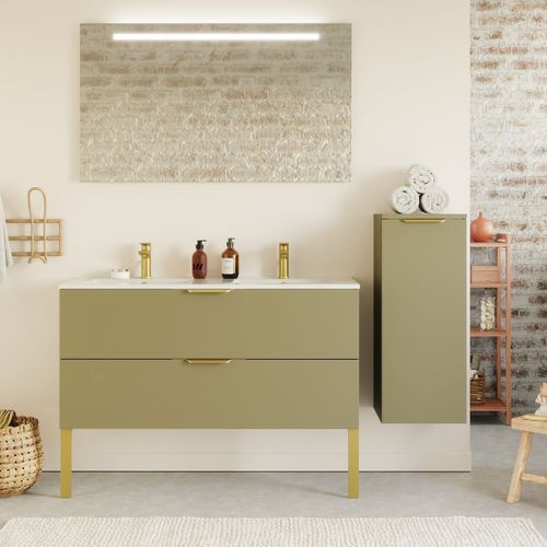 Ensemble Salle De Bain Double Vasque 120cm 2 Tiroirs Vert + Miroir + Colonne Droite - Venice