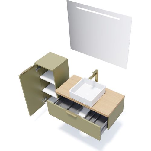 Ensemble Salle De Bain Vasque Posée 90cm 1 Tiroir Vert + Miroir + Colonne Gauche - Venice
