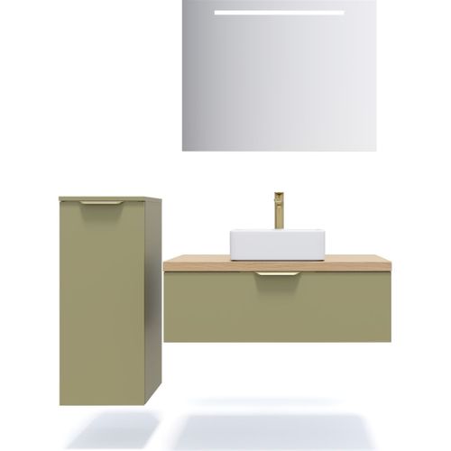 Ensemble Salle De Bain Vasque Posée 90cm 1 Tiroir Vert + Miroir + Colonne Gauche - Venice