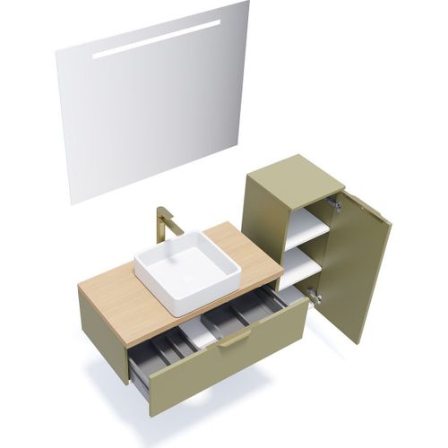 Ensemble Salle De Bain Vasque Posée 90cm 1 Tiroir Vert + Miroir + Colonne Droite - Venice