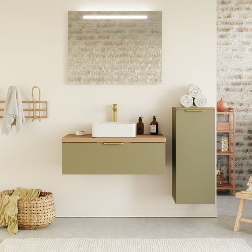 Ensemble Salle De Bain Vasque Posée 90cm 1 Tiroir Vert + Miroir + Colonne Droite - Venice