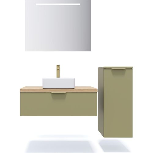Ensemble Salle De Bain Vasque Posée 90cm 1 Tiroir Vert + Miroir + Colonne Droite - Venice