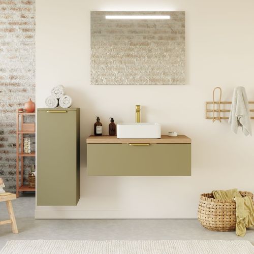 Meuble De Salle De Bain Vasque Posée 90cm 1 Tiroir Vert + Miroir - Venice