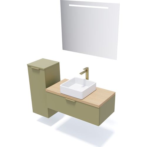 Meuble De Salle De Bain Vasque Posée 90cm 1 Tiroir Vert + Miroir - Venice