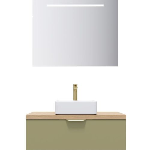 Meuble De Salle De Bain Vasque Posée 90cm 1 Tiroir Vert + Miroir - Venice