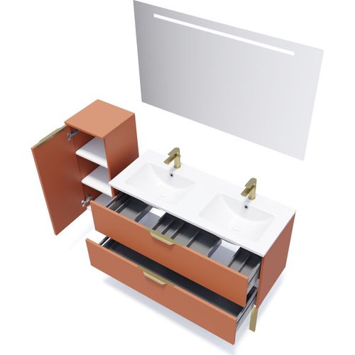 Ensemble Salle De Bain Double Vasque 120cm 2 Tiroirs Terracotta + Miroir + Colonne Gauche - Venice