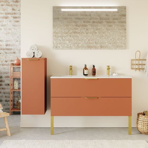 Ensemble Salle De Bain Double Vasque 120cm 2 Tiroirs Terracotta + Miroir + Colonne Gauche - Venice