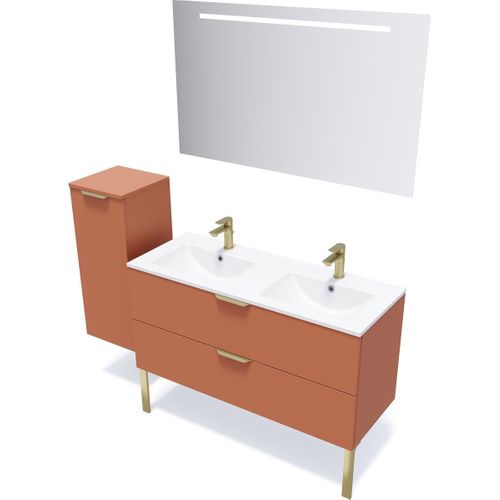 Ensemble Salle De Bain Double Vasque 120cm 2 Tiroirs Terracotta + Miroir + Colonne Gauche - Venice
