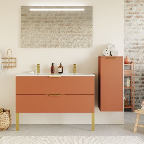 Ensemble Salle De Bain Double Vasque 120cm 2 Tiroirs Terracotta + Miroir + Colonne Droite - Venice