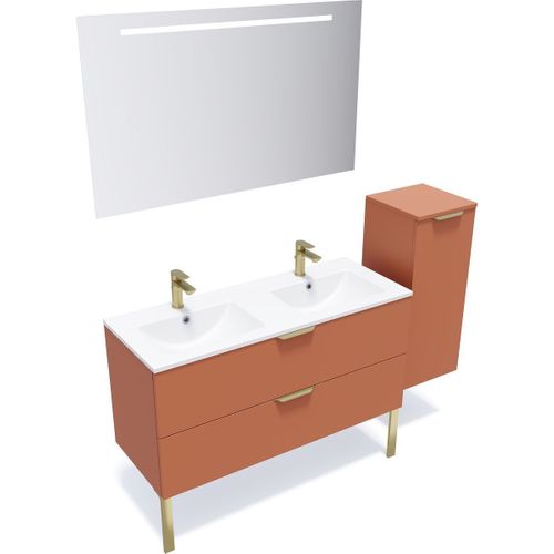 Ensemble Salle De Bain Double Vasque 120cm 2 Tiroirs Terracotta + Miroir + Colonne Droite - Venice
