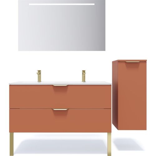 Ensemble Salle De Bain Double Vasque 120cm 2 Tiroirs Terracotta + Miroir + Colonne Droite - Venice