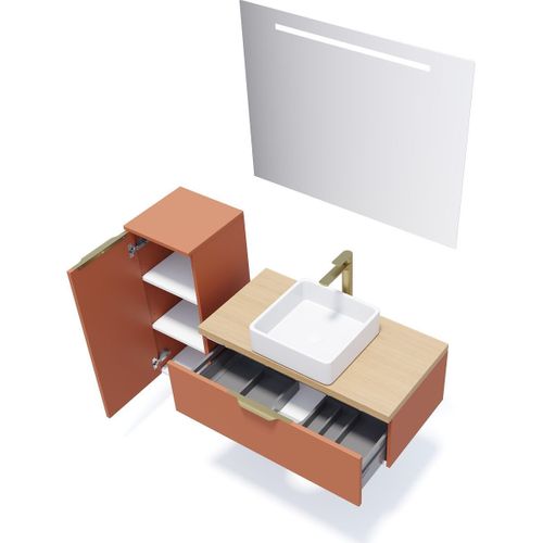 Ensemble Salle De Bain Vasque Posée 90cm 1 Tiroir Terracotta + Miroir + Colonne Gauche - Venice