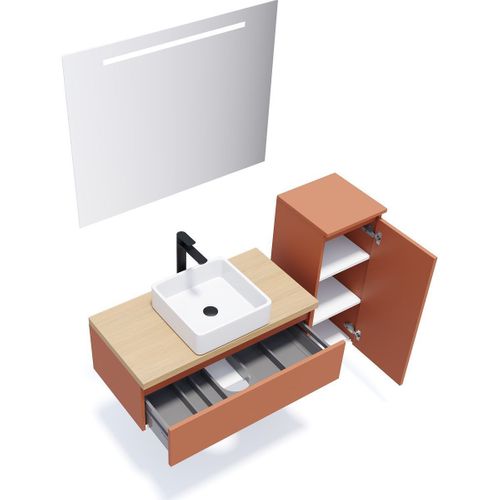 Ensemble Salle De Bain Vasque Posée 90cm 1 Tiroir Terracotta + Miroir + Colonne Droite - Hudson