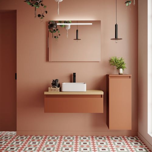 Ensemble Salle De Bain Vasque Posée 90cm 1 Tiroir Terracotta + Miroir + Colonne Droite - Hudson