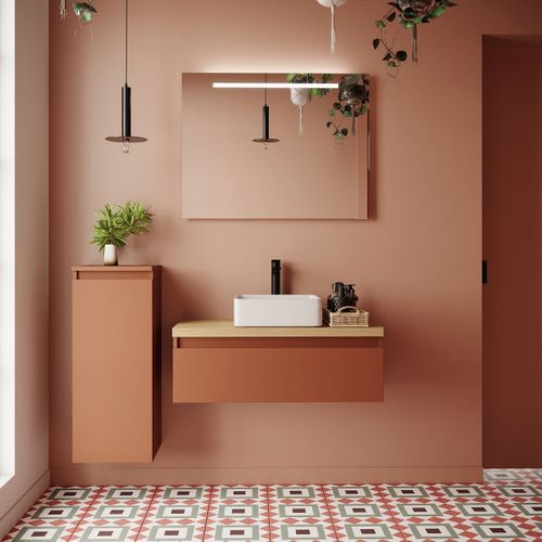 Ensemble Salle De Bain Vasque Posée 90cm 1 Tiroir Terracotta + Miroir + Colonne Gauche - Hudson