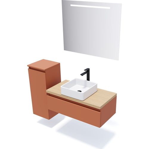 Ensemble Salle De Bain Vasque Posée 90cm 1 Tiroir Terracotta + Miroir + Colonne Gauche - Hudson