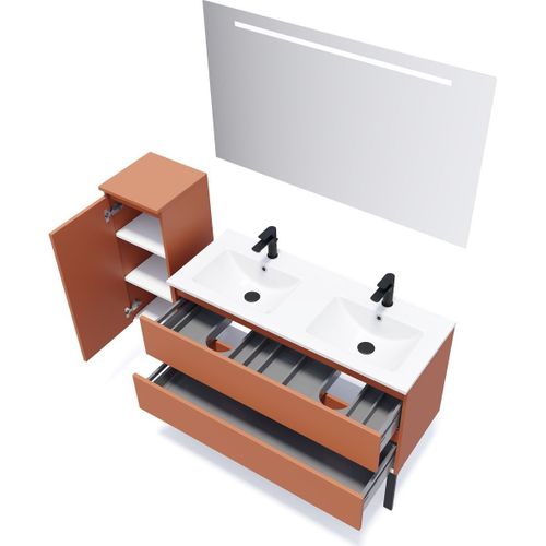 Meuble De Salle De Bain Double Vasque 120cm 2 Tiroirs Terracotta + Miroir - Hudson