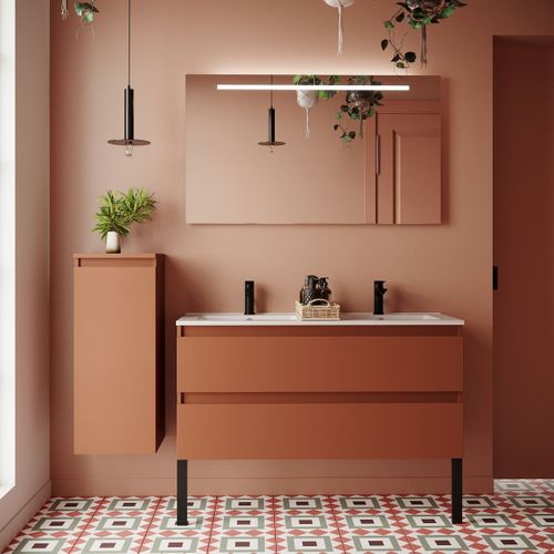 Meuble De Salle De Bain Double Vasque 120cm 2 Tiroirs Terracotta + Miroir - Hudson