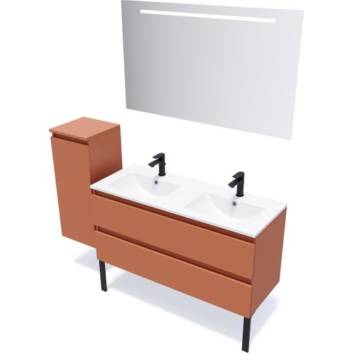 Meuble De Salle De Bain Double Vasque 120cm 2 Tiroirs Terracotta + Miroir - Hudson