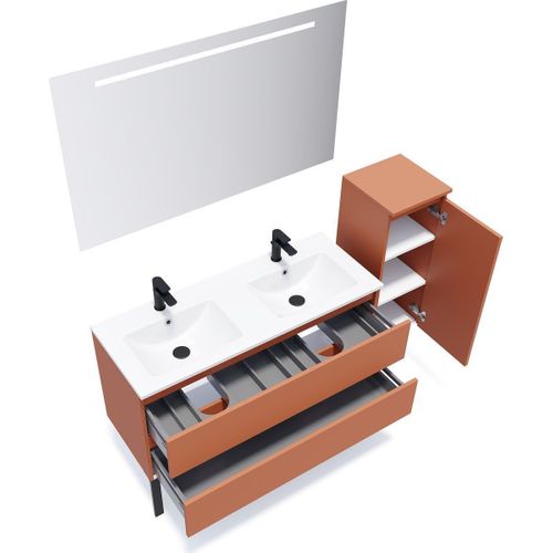 Ensemble Salle De Bain Double Vasque 120cm 2 Tiroirs Terracotta + Miroir + Colonne Droite - Hudson