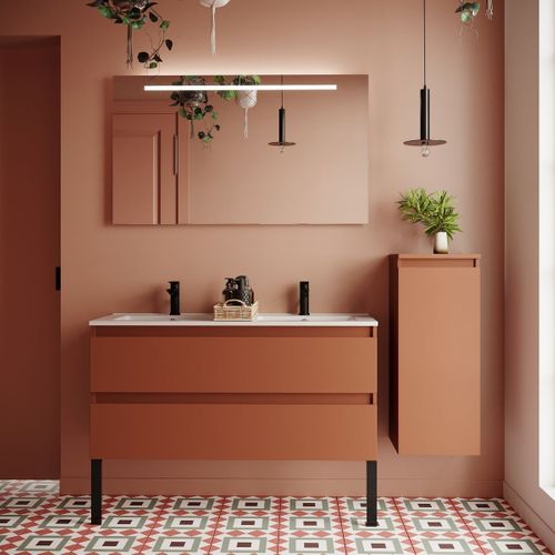 Ensemble Salle De Bain Double Vasque 120cm 2 Tiroirs Terracotta + Miroir + Colonne Droite - Hudson