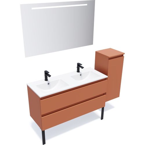 Ensemble Salle De Bain Double Vasque 120cm 2 Tiroirs Terracotta + Miroir + Colonne Droite - Hudson