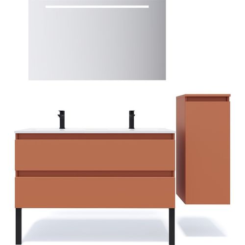 Ensemble Salle De Bain Double Vasque 120cm 2 Tiroirs Terracotta + Miroir + Colonne Droite - Hudson