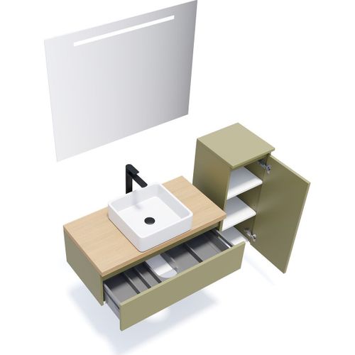 Ensemble Salle De Bain Vasque Posée 90cm 1 Tiroir Vert + Miroir + Colonne Droite - Hudson
