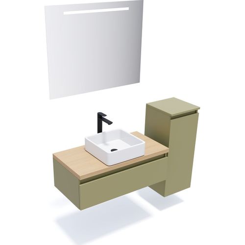 Ensemble Salle De Bain Vasque Posée 90cm 1 Tiroir Vert + Miroir + Colonne Droite - Hudson