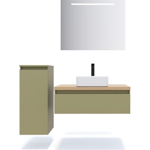Ensemble Salle De Bain Vasque Posée 90cm 1 Tiroir Vert + Miroir + Colonne Gauche - Hudson