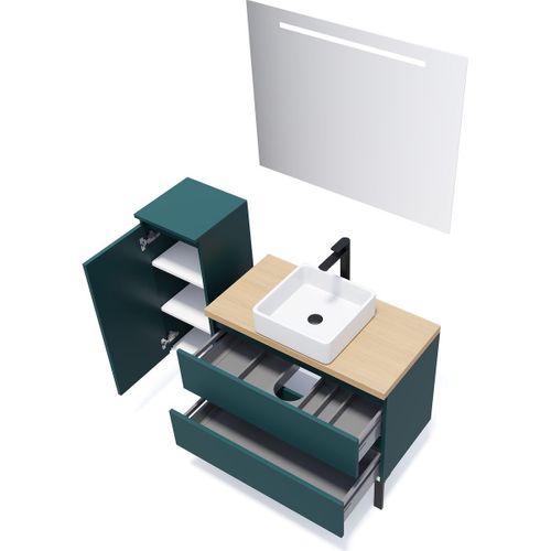 Ensemble Salle De Bain Vasque Posée 90cm 2 Tiroirs Bleu + Miroir + Colonne Gauche - Hudson