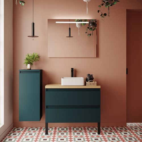 Ensemble Salle De Bain Vasque Posée 90cm 2 Tiroirs Bleu + Miroir + Colonne Gauche - Hudson