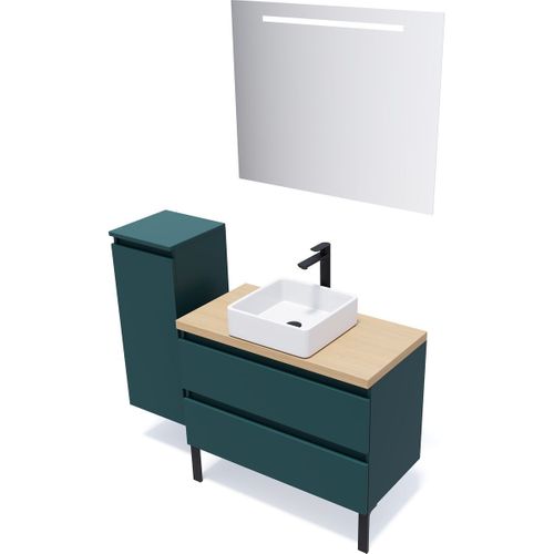 Ensemble Salle De Bain Vasque Posée 90cm 2 Tiroirs Bleu + Miroir + Colonne Gauche - Hudson