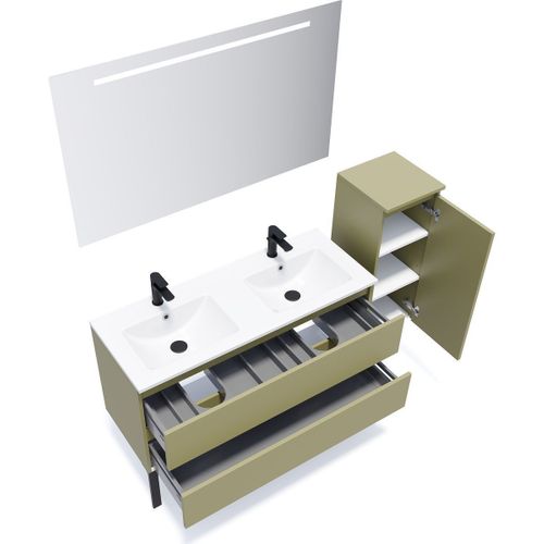 Ensemble Salle De Bain Double Vasque 120cm 2 Tiroirs Vert + Miroir + Colonne Droite - Hudson