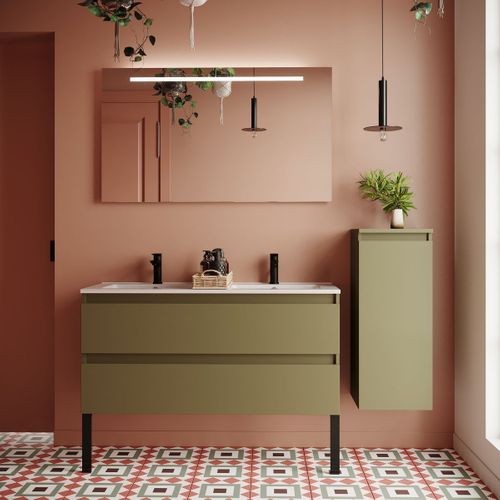 Ensemble Salle De Bain Double Vasque 120cm 2 Tiroirs Vert + Miroir + Colonne Droite - Hudson