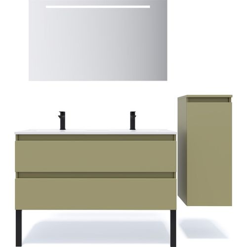 Ensemble Salle De Bain Double Vasque 120cm 2 Tiroirs Vert + Miroir + Colonne Droite - Hudson