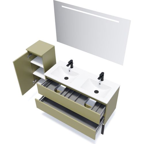 Ensemble Salle De Bain Double Vasque 120cm 2 Tiroirs Vert + Miroir + Colonne Gauche - Hudson