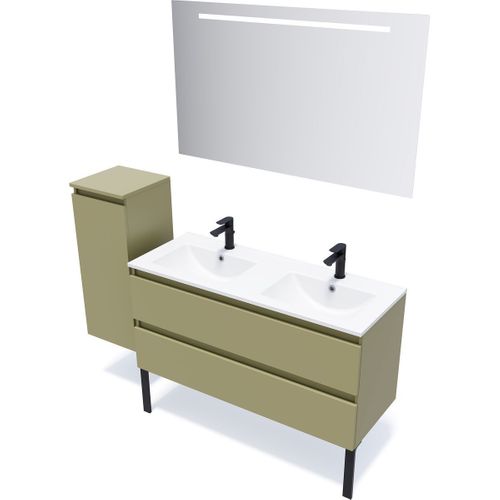 Ensemble Salle De Bain Double Vasque 120cm 2 Tiroirs Vert + Miroir + Colonne Gauche - Hudson