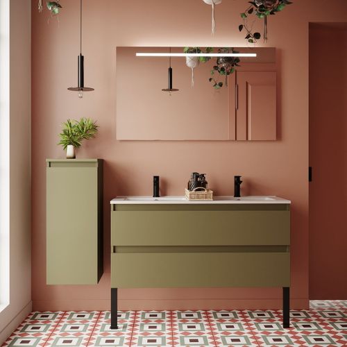 Meuble De Salle De Bain Double Vasque 120cm 2 Tiroirs Vert + Miroir - Hudson