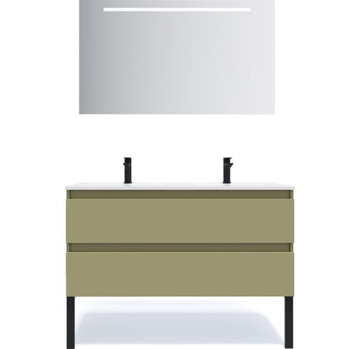 Meuble De Salle De Bain Double Vasque 120cm 2 Tiroirs Vert + Miroir - Hudson