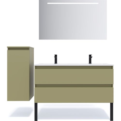 Meuble De Salle De Bain Double Vasque 120cm 2 Tiroirs Vert + Miroir - Hudson