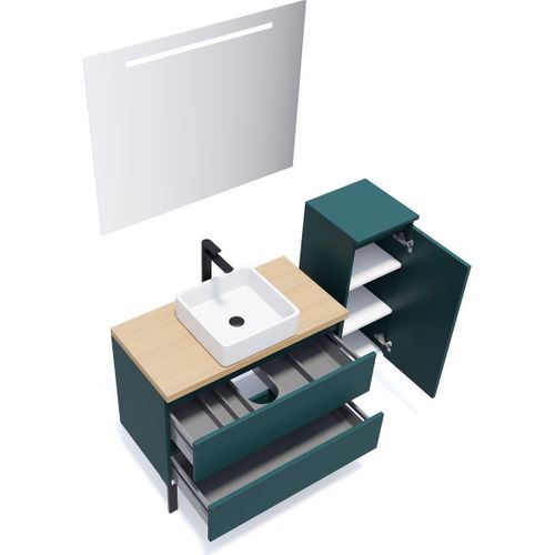 Ensemble Salle De Bain Vasque Posée 90cm 2 Tiroirs Bleu + Miroir + Colonne Droite - Hudson