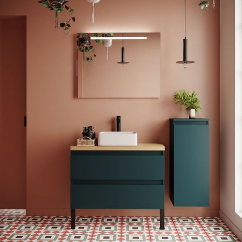 Ensemble Salle De Bain Vasque Posée 90cm 2 Tiroirs Bleu + Miroir + Colonne Droite - Hudson