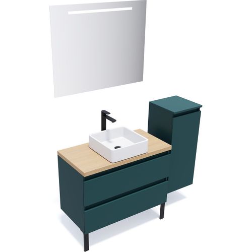 Ensemble Salle De Bain Vasque Posée 90cm 2 Tiroirs Bleu + Miroir + Colonne Droite - Hudson