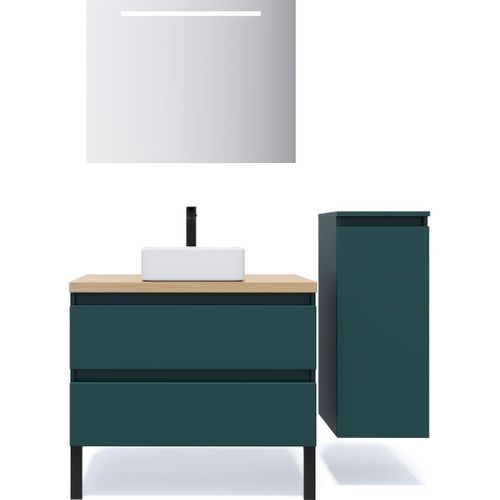 Ensemble Salle De Bain Vasque Posée 90cm 2 Tiroirs Bleu + Miroir + Colonne Droite - Hudson