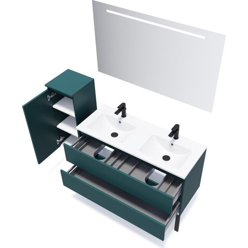 Meuble De Salle De Bain Double Vasque 120cm 2 Tiroirs Bleu + Miroir - Hudson