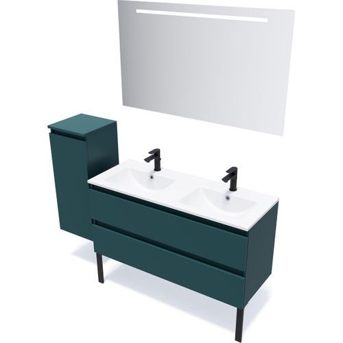 Meuble De Salle De Bain Double Vasque 120cm 2 Tiroirs Bleu + Miroir - Hudson