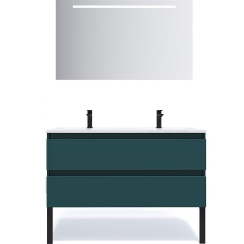 Meuble De Salle De Bain Double Vasque 120cm 2 Tiroirs Bleu + Miroir - Hudson